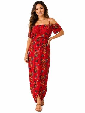 No Boundaries Red Tropical Floral Off Shoulder Maxi Dress Size 7-9 Like New